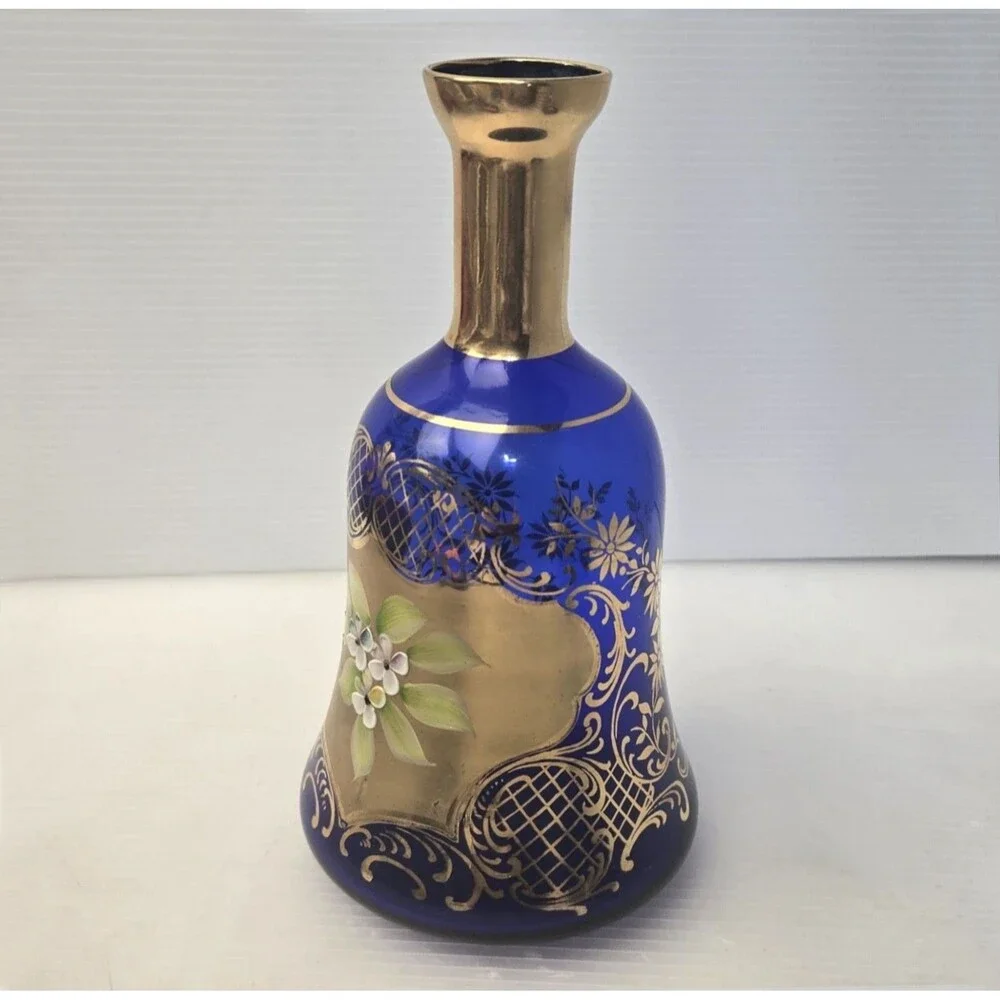 Vintage Bohemian Cobalt Blue Glass Vase Gold Gilt Raised Enamel Flowers Moser